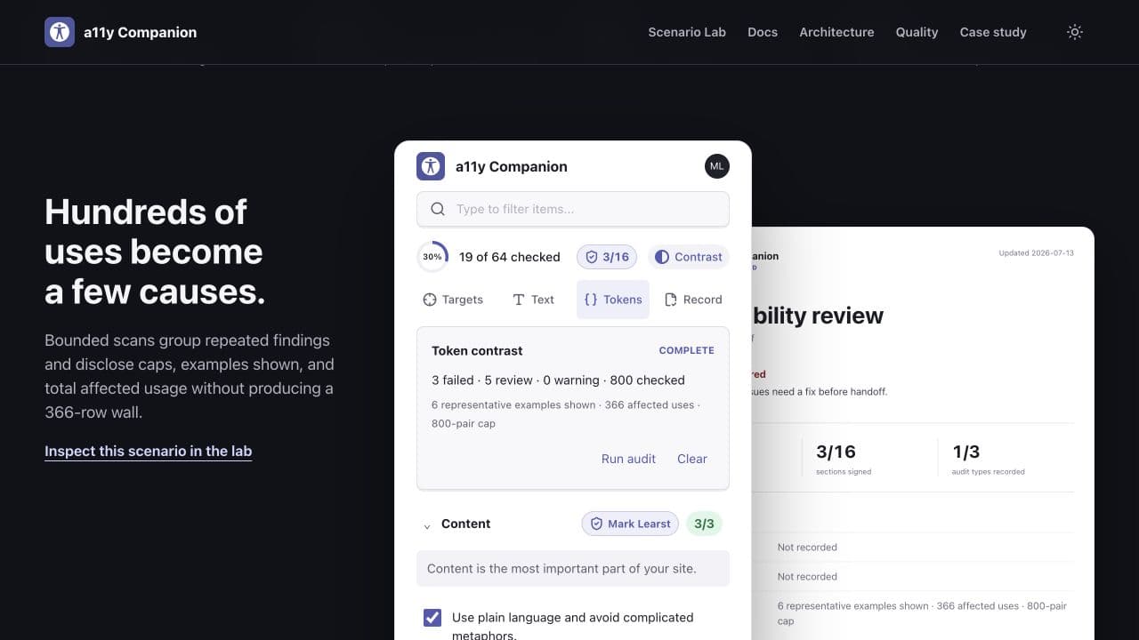 a11y Companion browser demonstration with token audit results and Canvas Record.