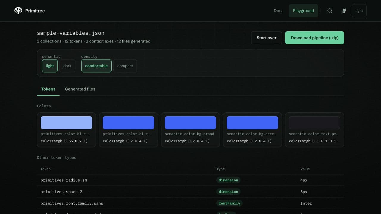 Primitree Playground showing token collections and configuration.